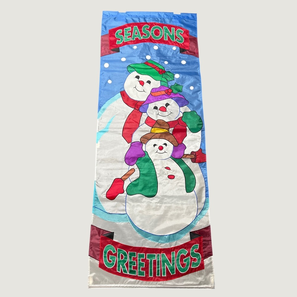 Seasons Greetings Snowman Banner Holiday 73x28 Nylon Vtg 90s Christmas Winter‎